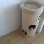 La vision de notre élevage, l'espace de mes chats | La pièce maîtresse de cette image est une tour à chat de couleur beige. Elle comporte une ouverture pour chacun des trois compartiments, et est recouverte de sisal avec un coussin en tissu peluche sur le dessus. Cette tour à chat est située dans la pièce dédiée à mes chats, aux murs blancs et au sol carrelé.